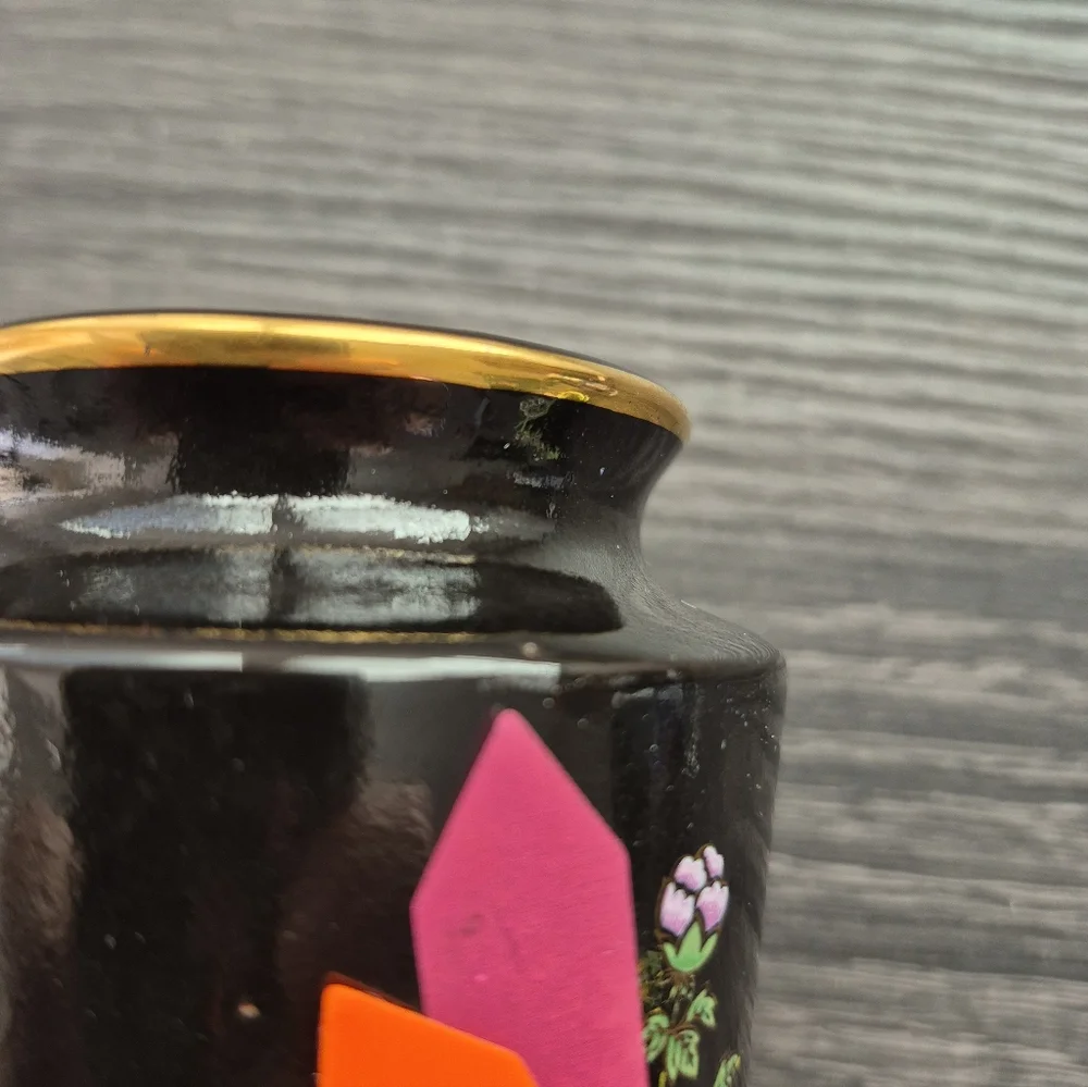 Japanese Black Vase with Floral and Bird Design - Picture 5 of 7
